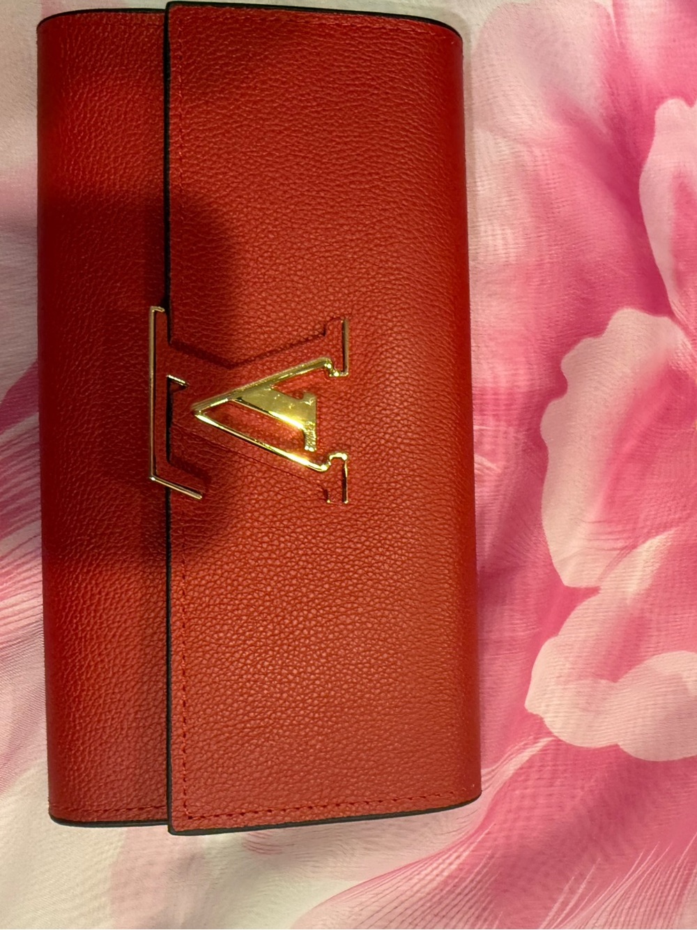 Red Leather Wallet with Gold LV Accent
